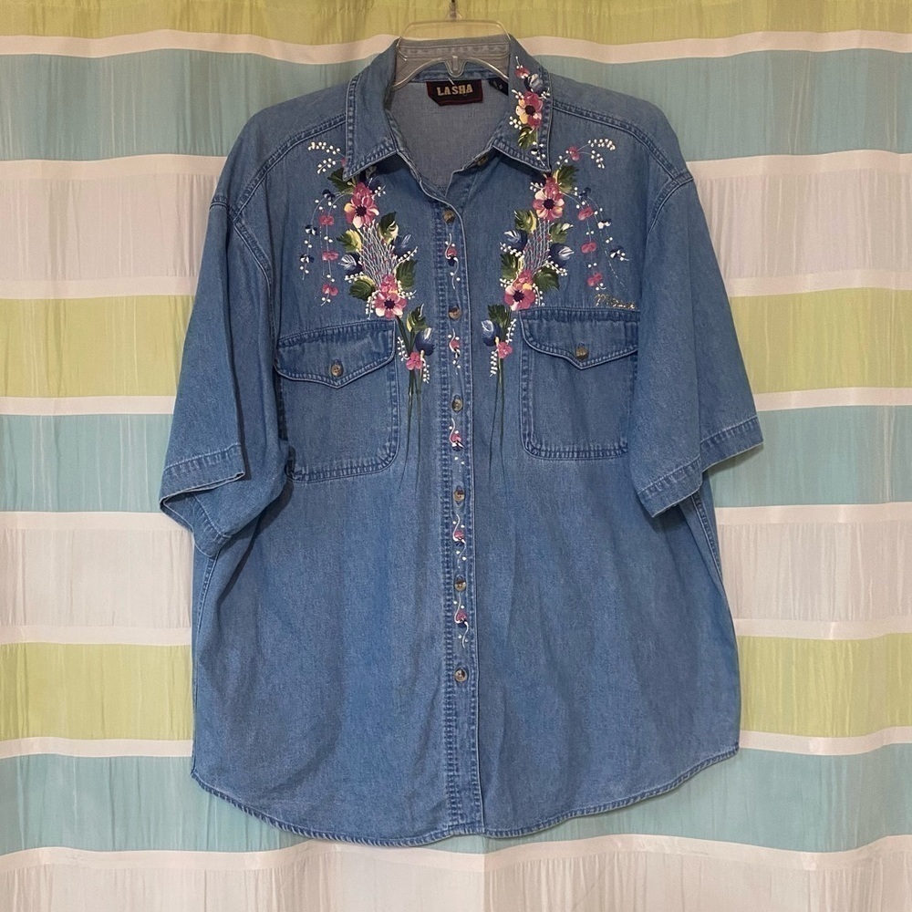 Vintage Denim Hand Painted Floral Top Cotton Wearable Art Sz XL - Picture 8 of 8